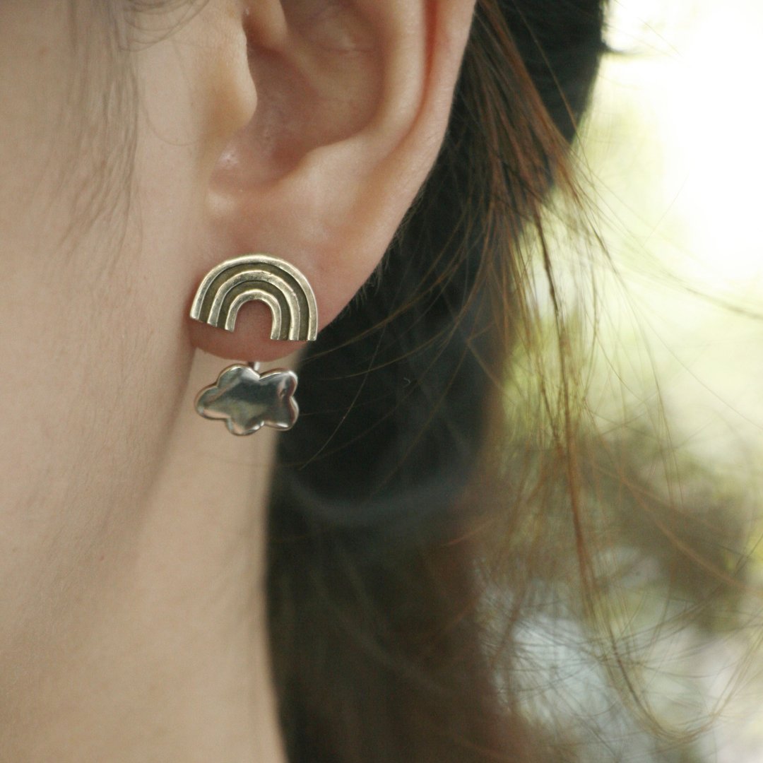 Cloud Rainbow Studs weather jewelry Jacket Font back Earrings Sterling Silver耳環 - 耳环/耳夹 - 纯银 银色
