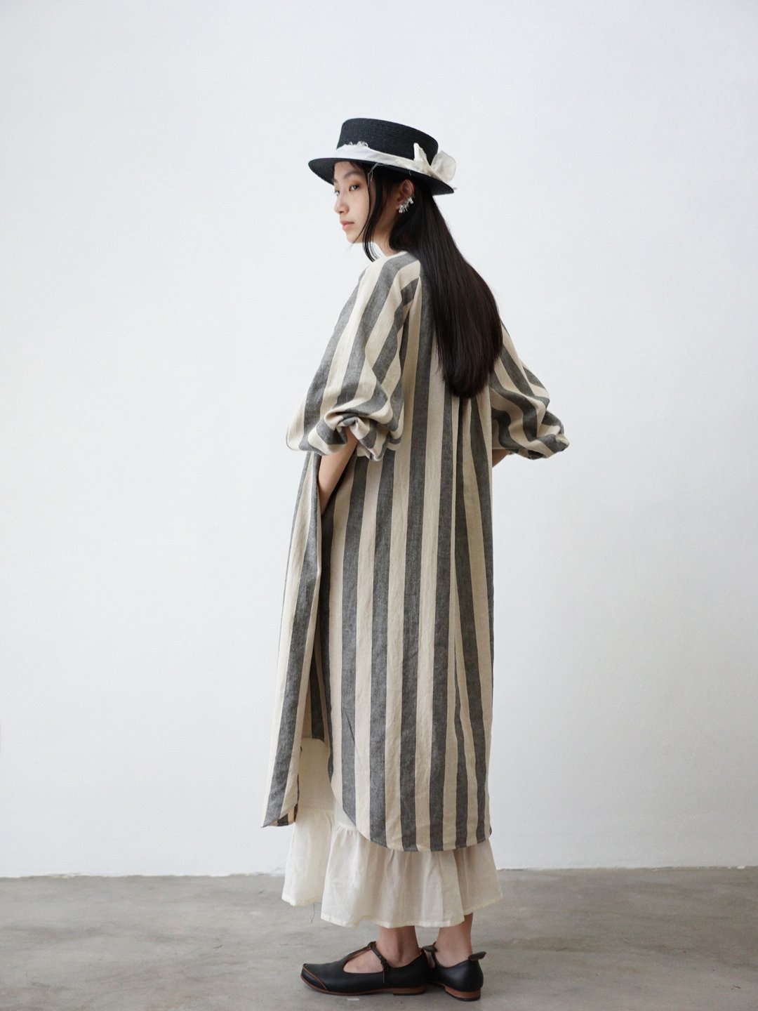 Lantern Sleeve Striped Linen Dress - 洋装/连衣裙 - 棉 灰色