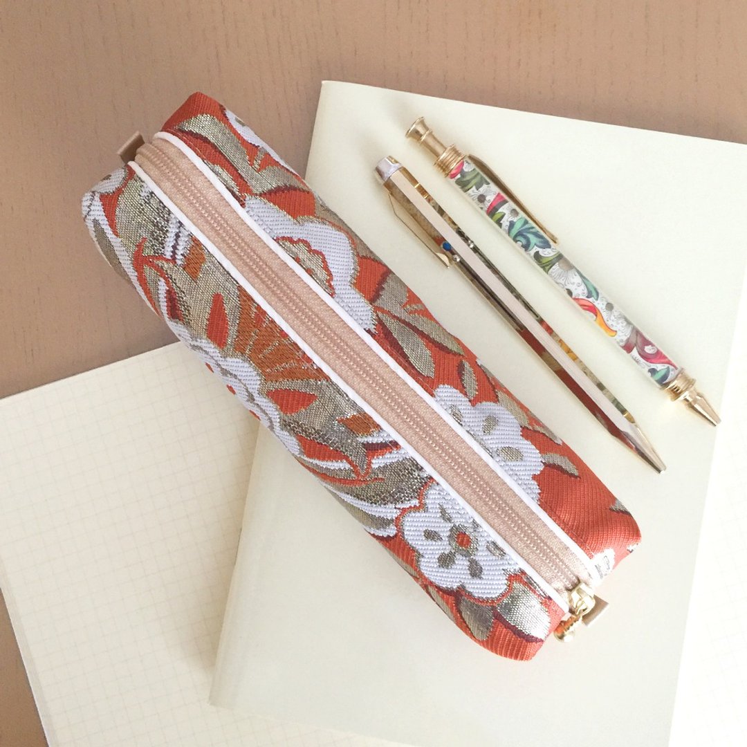Pen Case with Japanese Traditional Pattern, Kimono "Obi" - 铅笔盒/笔袋 - 其他材质 橘色