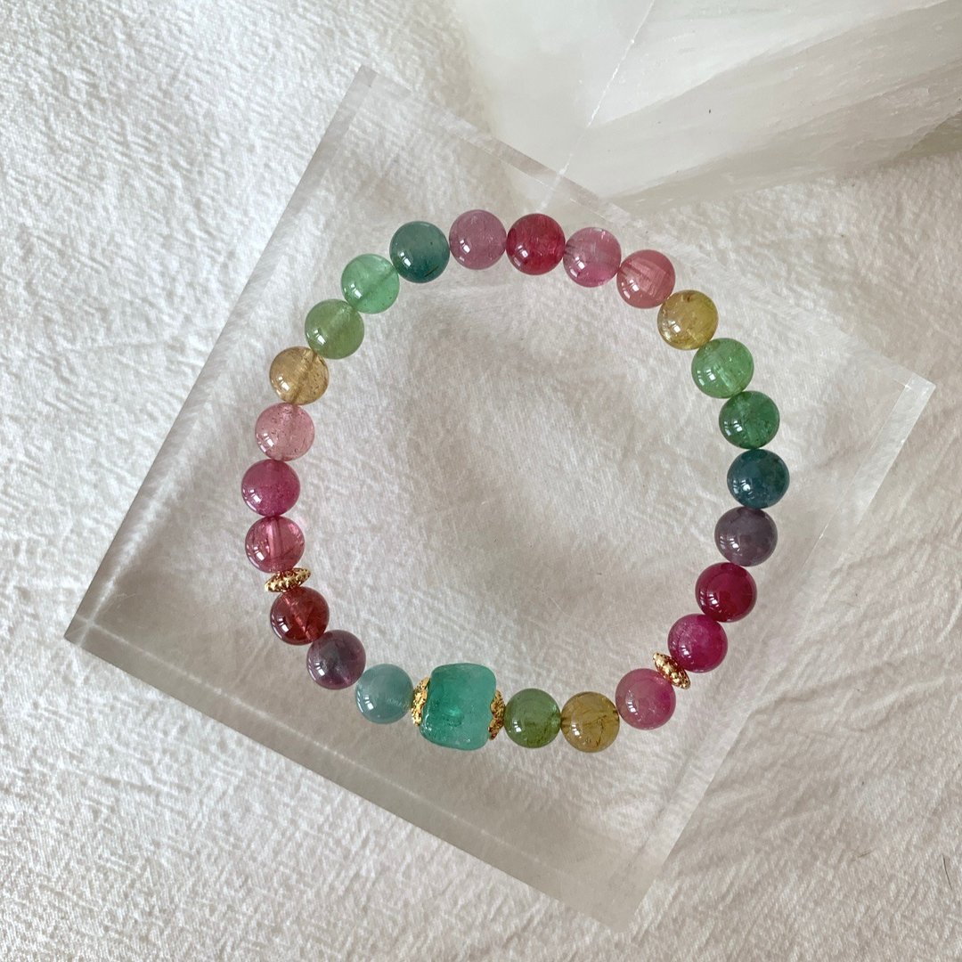 萤光色系 彩虹碧玺手链 设计款式彩虹 冰透感帕蓝原石 - 手链/手环 - 半宝石 多色