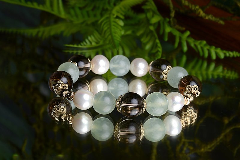 【神山晶礦】心。湖畔之森/珍珠/葡萄石/茶晶 - 手链/手环 - 水晶 绿色