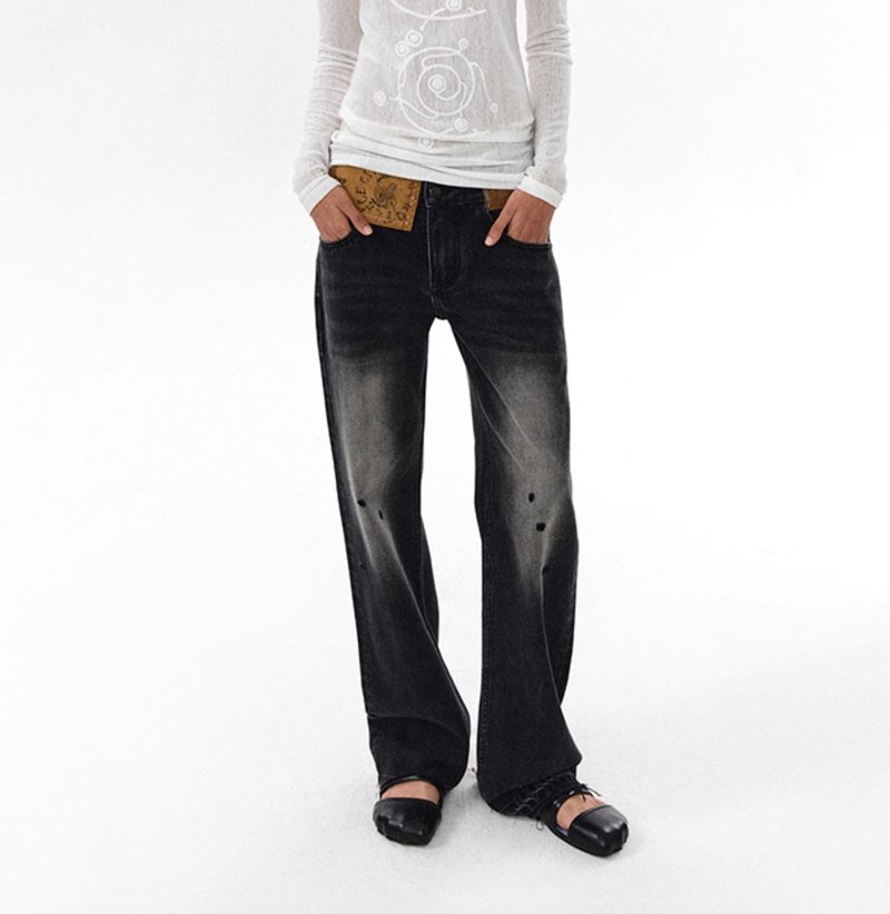 美式复古 超级皮牌做旧水洗牛仔裤 - 中性裤装 - 其他材质 黑色