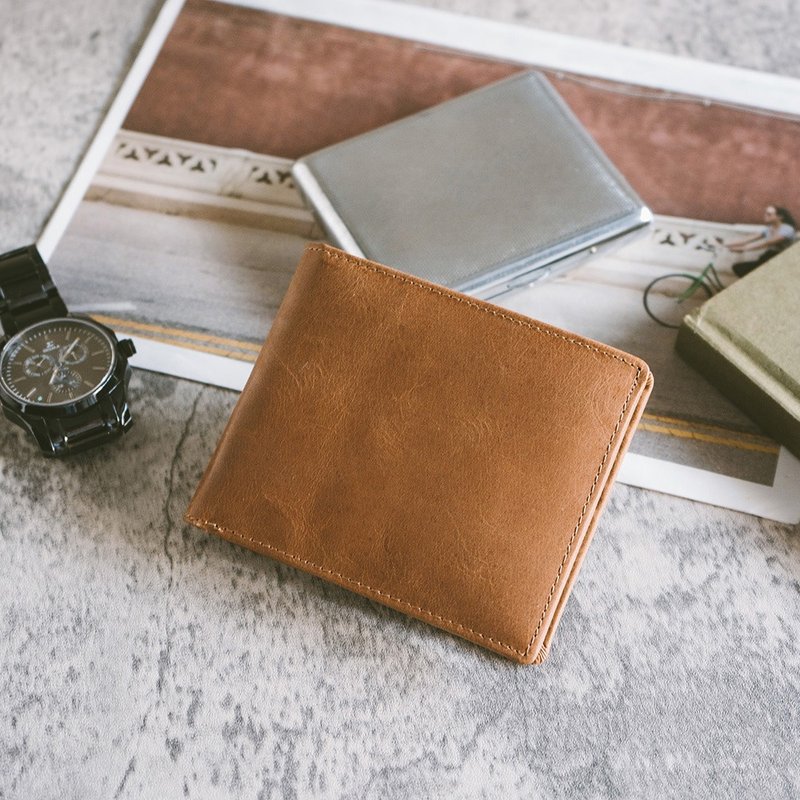 【礼盒】绅士好轻薄短夹 075 撞色浅油皮 - 皮夹/钱包 - 真皮 卡其色