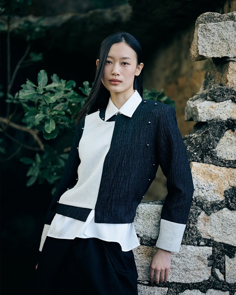 黑色中式门襟长袖双层绵麻外套 - 女装休闲/机能外套 - 棉．麻 黑色