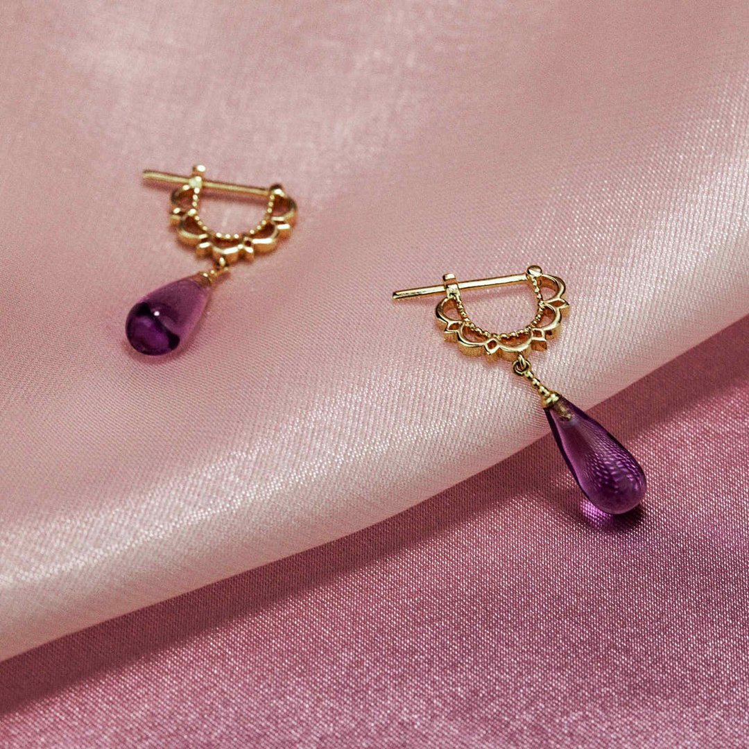 【PurpleMay Jewellery】纯18K黄金复古天然紫水晶耳坠耳钩 - E06 - 耳环/耳夹 - 宝石 紫色