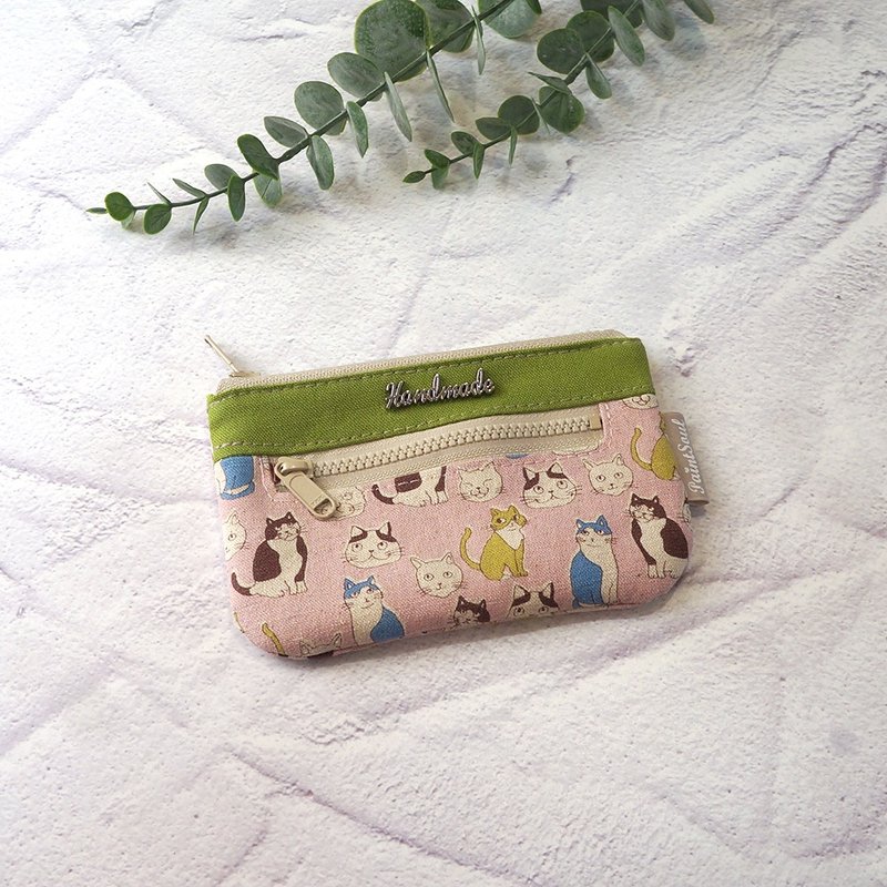双拉鍊零钱包(5吋)_日系藕色猫咪 - 零钱包 - 棉．麻 粉红色
