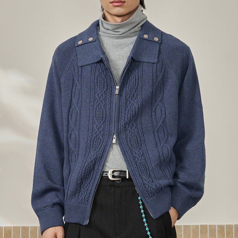 【美丽诺羊毛】森系复古 绞花针织变形领毛织夹克/翻领开衫毛 - 男装外套 - 羊毛 多色