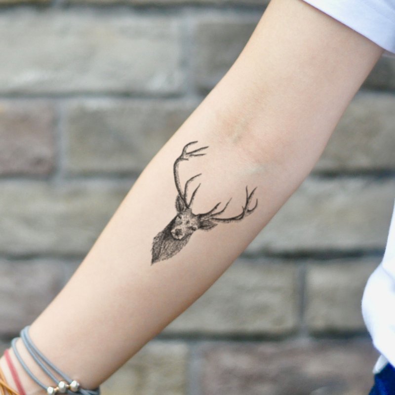 OhMyTat 鹿角公羊头像 Deer Buck Head 刺青图案纹身贴纸 (2 张) - 纹身贴 - 纸 黑色