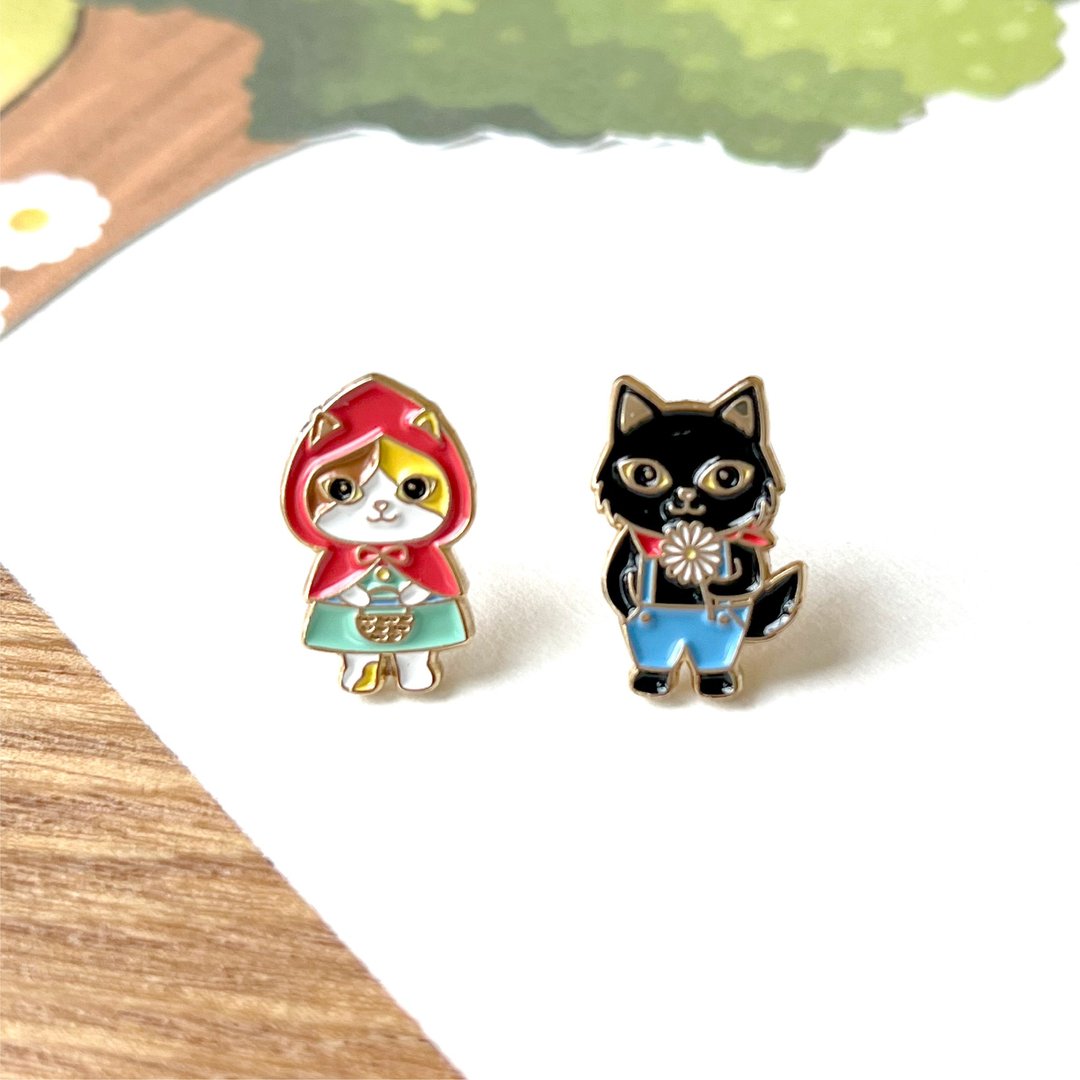 Meow小红帽与大灰狼猫猫耳环 - 耳环/耳夹 - 珐琅 多色
