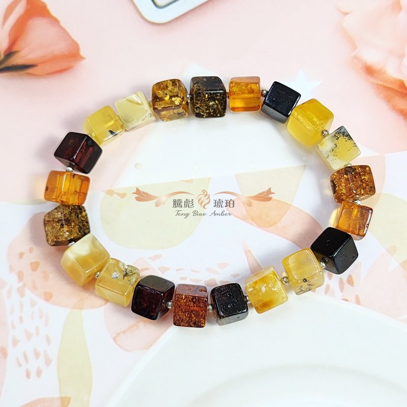 腾彪琥珀 天然琥珀蜜蜡 琥珀多宝色 小巧方砖形 经典单圈 手链 - 手链/手环 - 半宝石 橘色