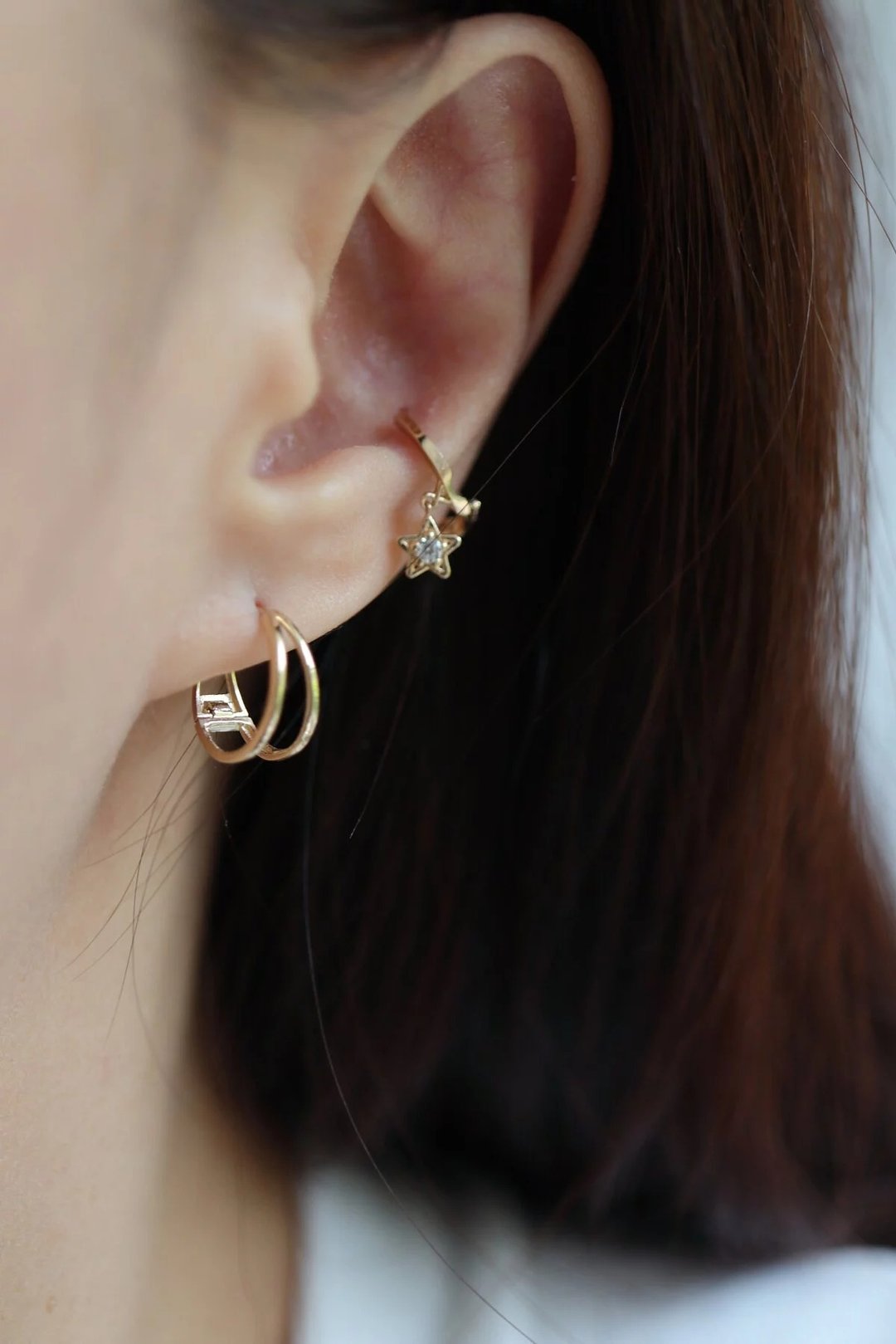 14K Tint Double Cycle Earring 简约双环耳扣耳环(内径11mm) - 耳环/耳夹 - 贵金属 金色