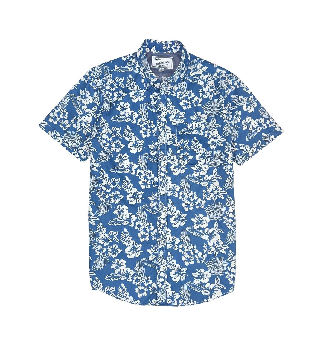 Men's Hibiscus Print Shirt 扶桑花衬衫 - 蓝色 - 男装衬衫 - 棉 白色