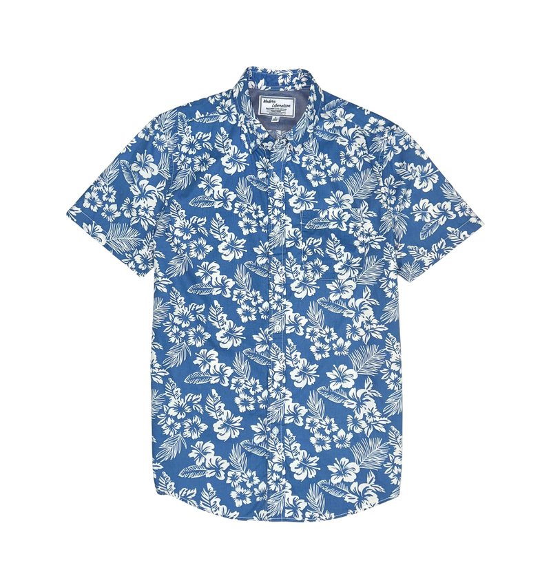 Men's Hibiscus Print Shirt 扶桑花衬衫 - 蓝色 - 男装衬衫 - 棉．麻 白色