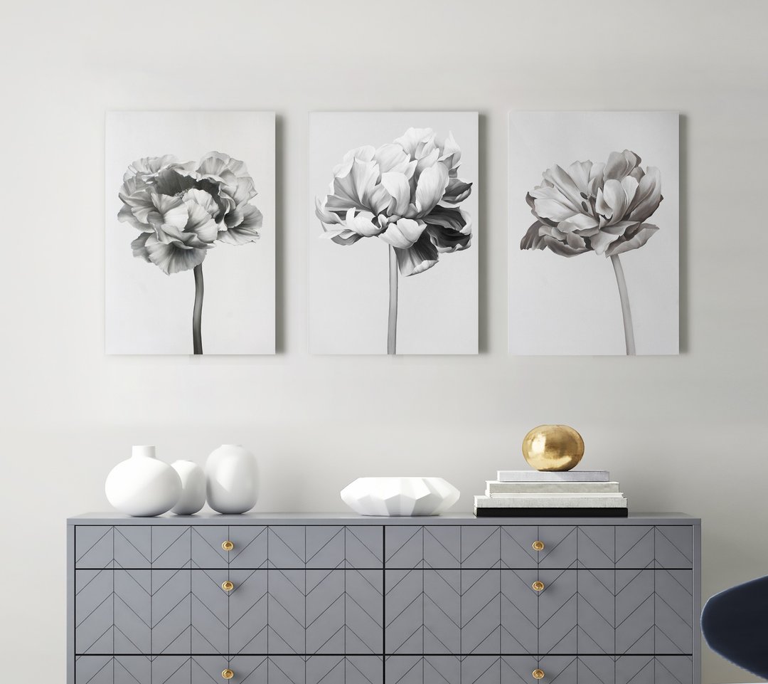 牡丹画 | 大型花卉画 | 黑白牡丹三件套 - 墙贴/壁贴 - 棉 黑色