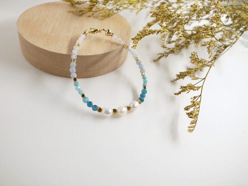 圣诞礼物【手链】手环 天河石 蓝天使 月光石 蓝磷灰石 珍珠手链 - 手链/手环 - 珍珠 金色