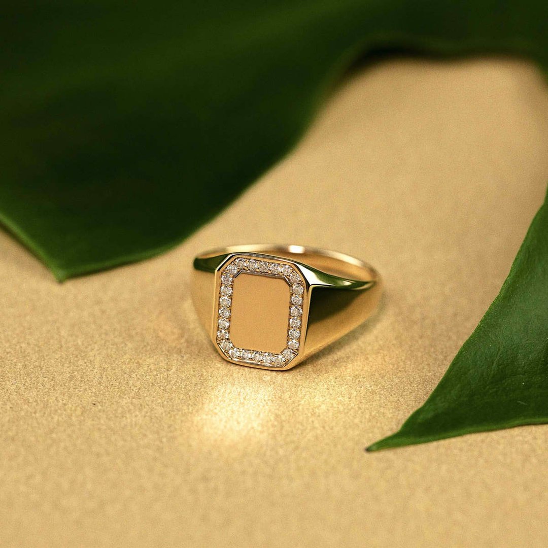 【Purplemay jewellery】纯14K黄金复古钻石刻字戒指 - R175 - 戒指 - 贵金属 金色