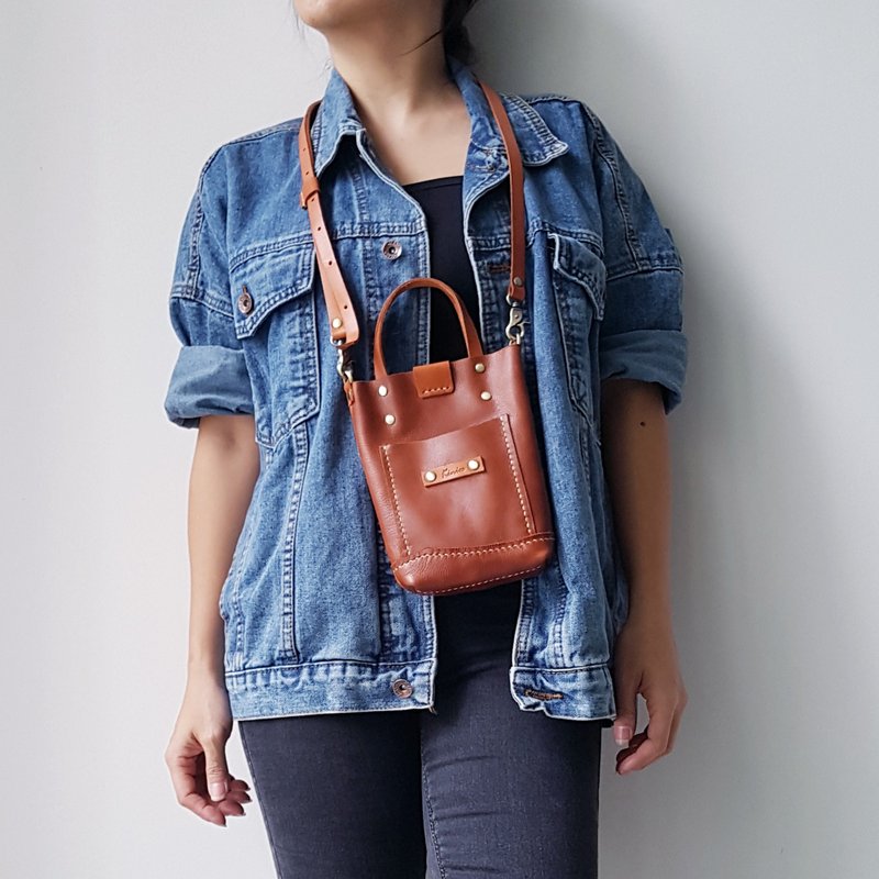 真皮皮革迷你手提袋 / 手机袋 - A38 - 侧背包/斜挎包 - 真皮 咖啡色