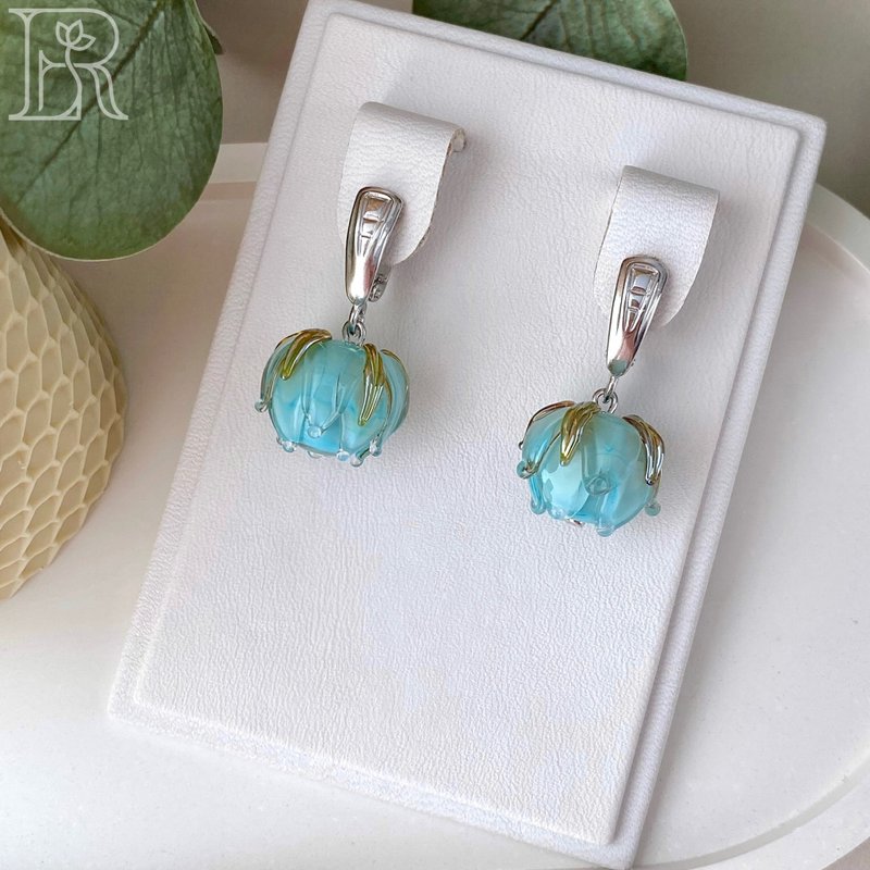 Bridal Crystal Blue Bridal Earrings / Blue Bead Drop Dainty Earrings - 耳环/耳夹 - 纯银 蓝色