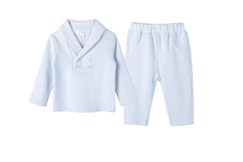 小绅士 双幅反领 初生婴儿服 长袖套装 Party弥月 - 童装上衣 - 棉．麻 蓝色