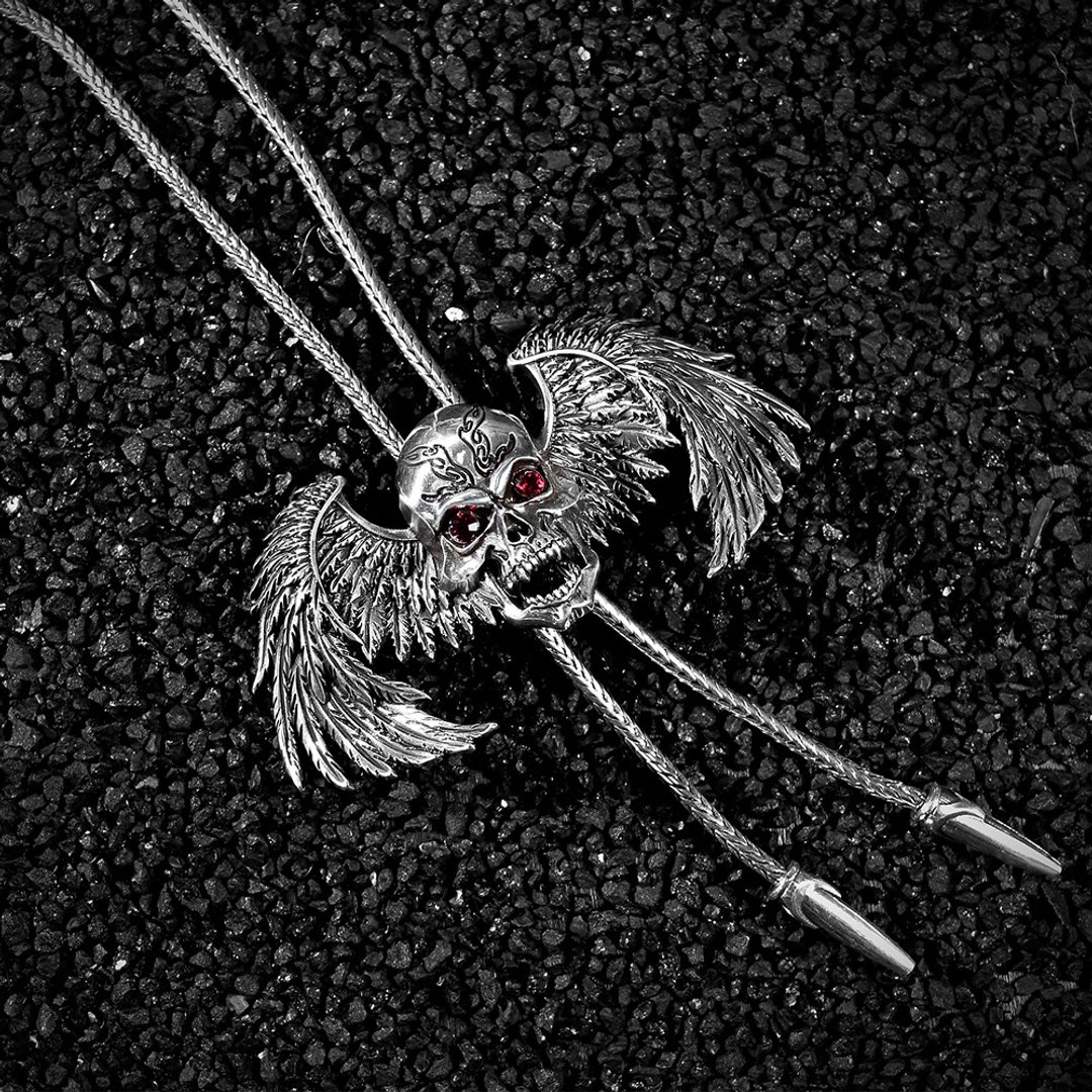 炽火骷髅  保罗领带 Bolo Tie 金属绳领带 长项链 骷髅头翅膀 - 领带/领带夹 - 其他金属 银色