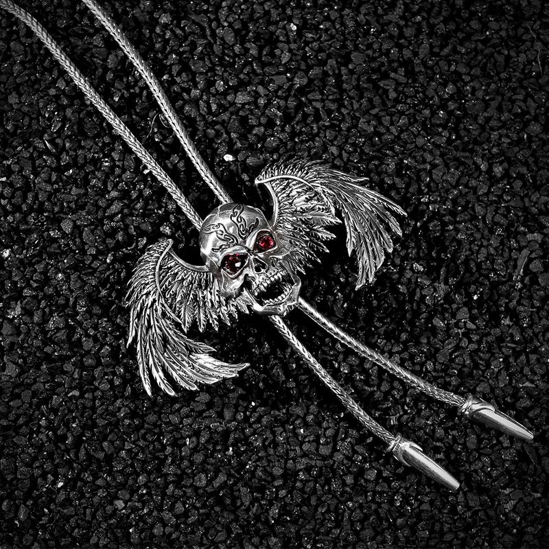 炽火骷髅  保罗领带 Bolo Tie 金属绳领带 长项链 骷髅头翅膀 - 领带/领带夹 - 其他金属 银色