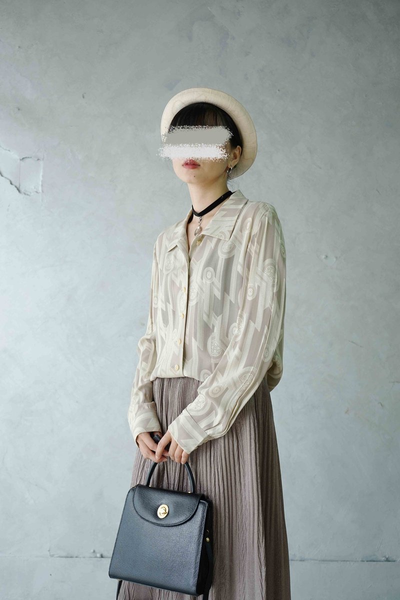 寻宝古着-浪漫古罗马建筑意象透肤灰卡其缇花复古衬衫 - 女装衬衫 - 聚酯纤维 卡其色