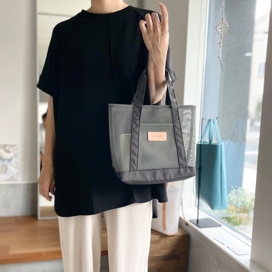 Self-supporting nylon mesh tote bag S-size [Grayish khaki] - 手提包/手提袋 - 棉 卡其色