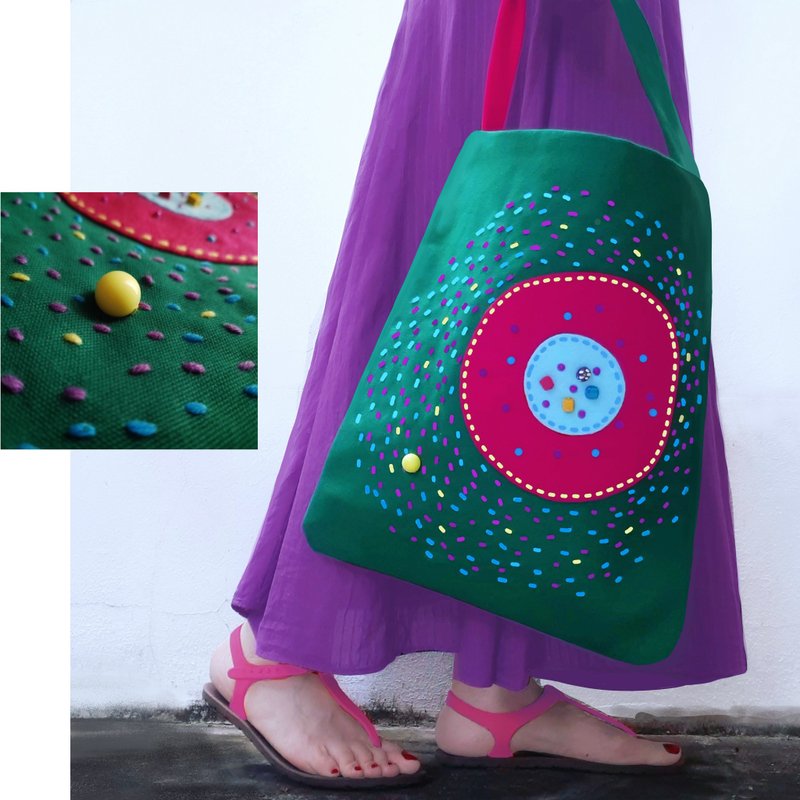 可爱手工刺绣托特包，14 盎司帆布材质，设计独特抢眼，尺寸 12x14 英寸。 - 手提包/手提袋 - 其他材质 绿色