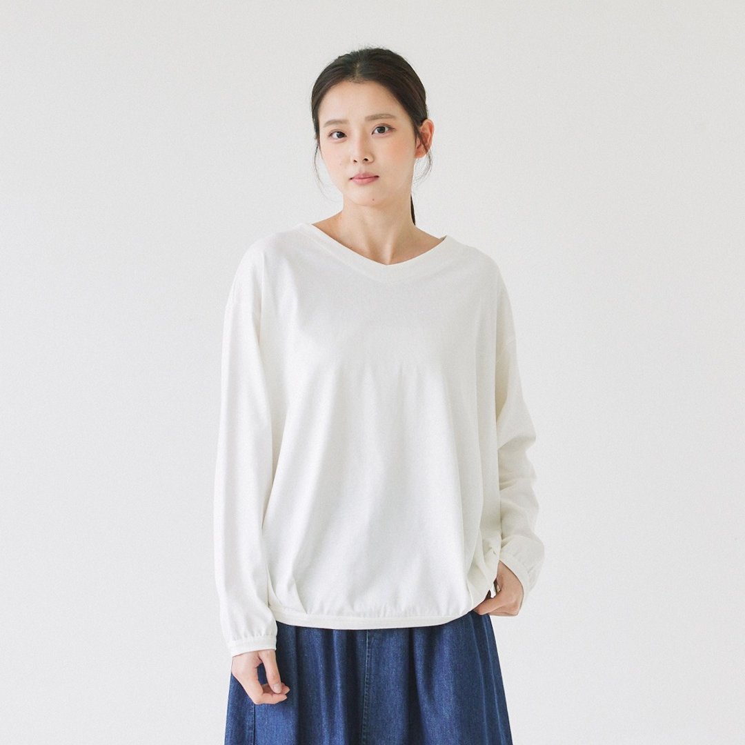 【Simply Yours】V领侧褶皱长袖T 白F - 女装上衣 - 棉 白色