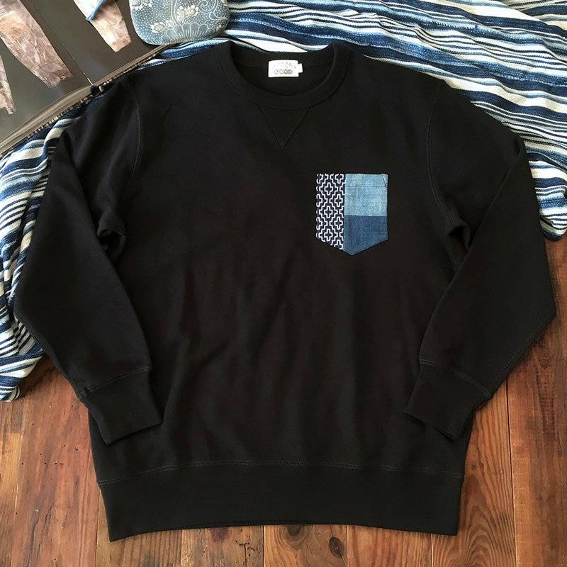 MajorFolk 三色蓝染拼布口袋 刺子绣 秋冬重磅男黑色长袖卫衣 - 男装上衣/T 恤 - 棉．麻 