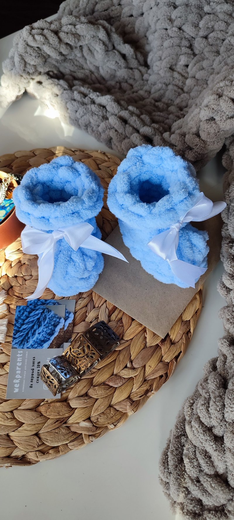 Newborn baby booties baby shower gift for boy plush socks knitted boots - 婴儿饰品 - 聚酯纤维 蓝色