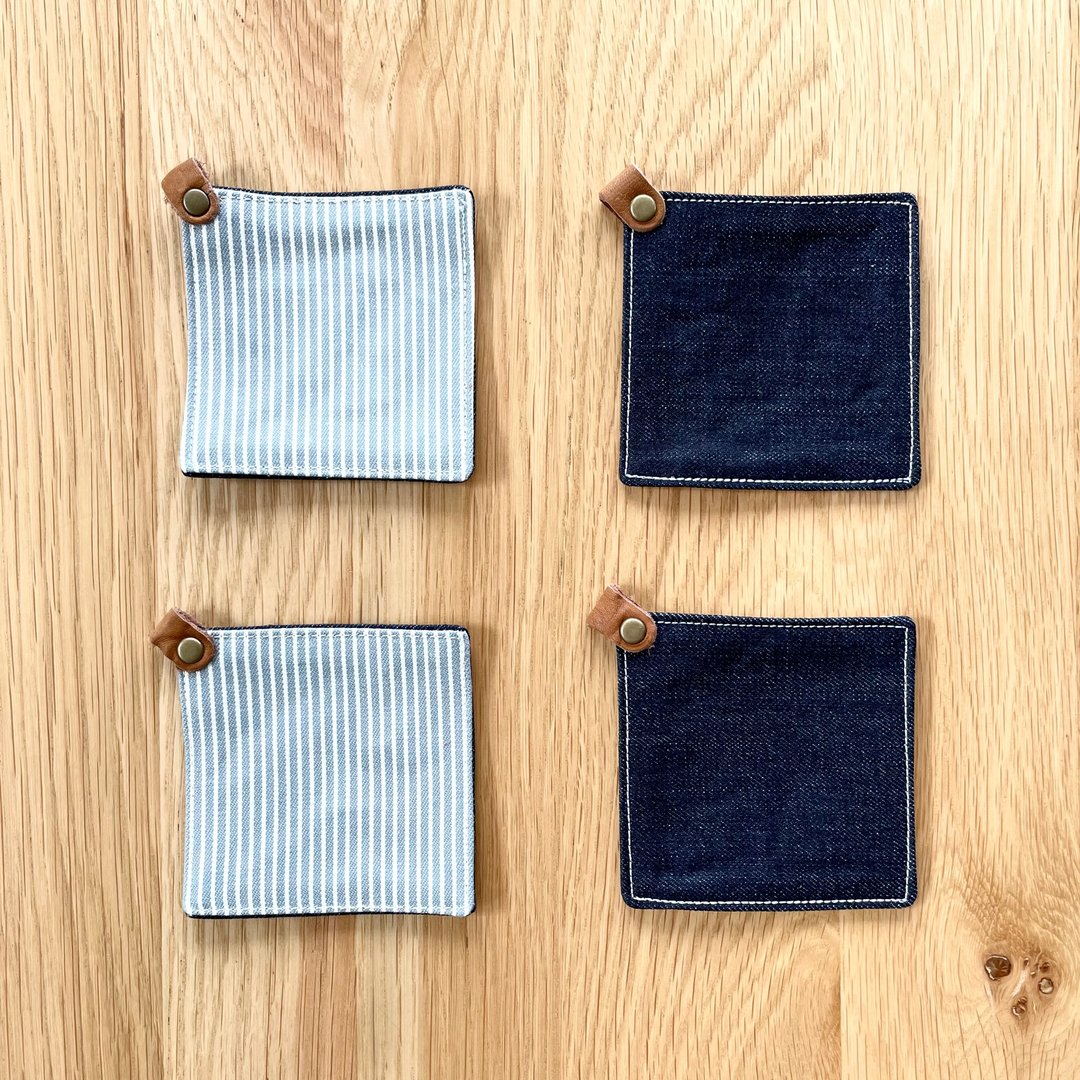 Reversible coaster 4-piece set [Denim x Hickory 4-piece set] - 杯垫 - 棉 蓝色