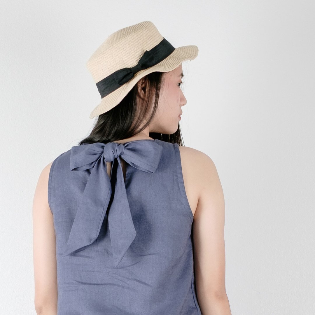 Niagara Blue Big Bow Linen Dress - 洋装/连衣裙 - 棉 蓝色