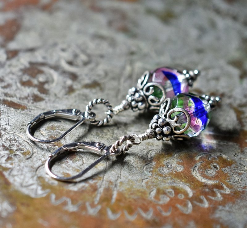 复古鸢彩玻璃与银饰耳环 - 耳环/耳夹 - 玻璃 多色