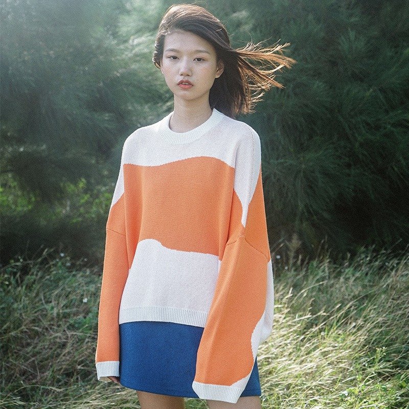 LLANO LLOVE系列 针织拼色毛衣-橙色 - 女装针织衫/毛衣 - 其他材质 橘色