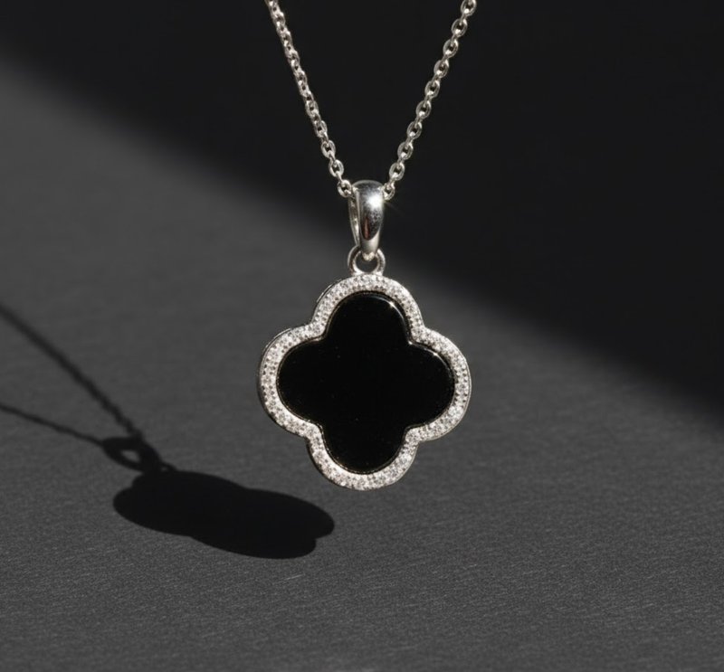 【愿·幸运】墨翠翡翠四叶草项链925银 | 天然缅甸A货翡翠 | 送礼 - 项链 - 玉石 黑色