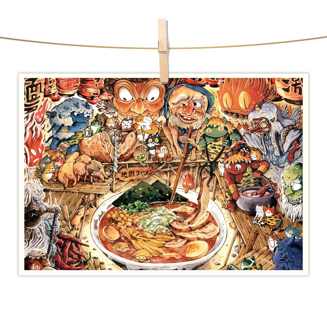afu水彩插画明信片 - 地狱拉面 - 卡片/明信片 - 纸 红色