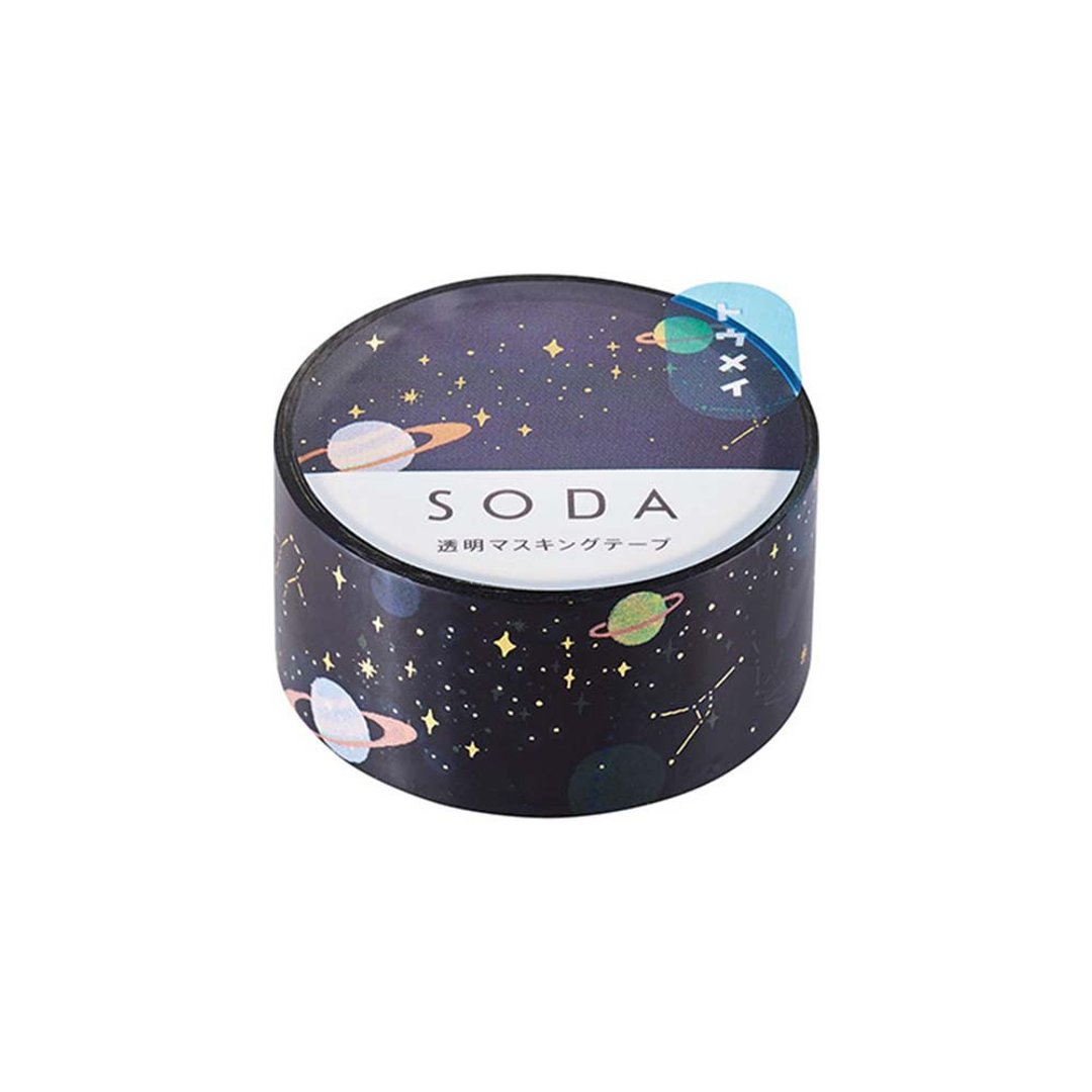 【KING JIM】HITOTOKI SODA 透明PET卷状胶带 箔押款 20MM 宇宙 - 贴纸 - 其他材质 多色