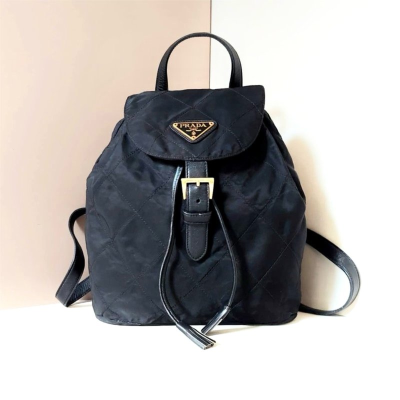 【初夏优惠】中古二手Prada黑色三角尼龙侧孭背单双肩背包囊 - 后背包/双肩包 - 防水材质 黑色