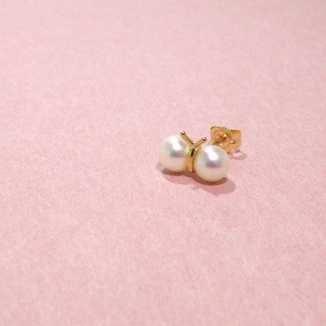 K18黄金 阿古屋珍珠耳环 单边或一对 baby pearl 蝴蝶造型 - 耳环/耳夹 - 珍珠 