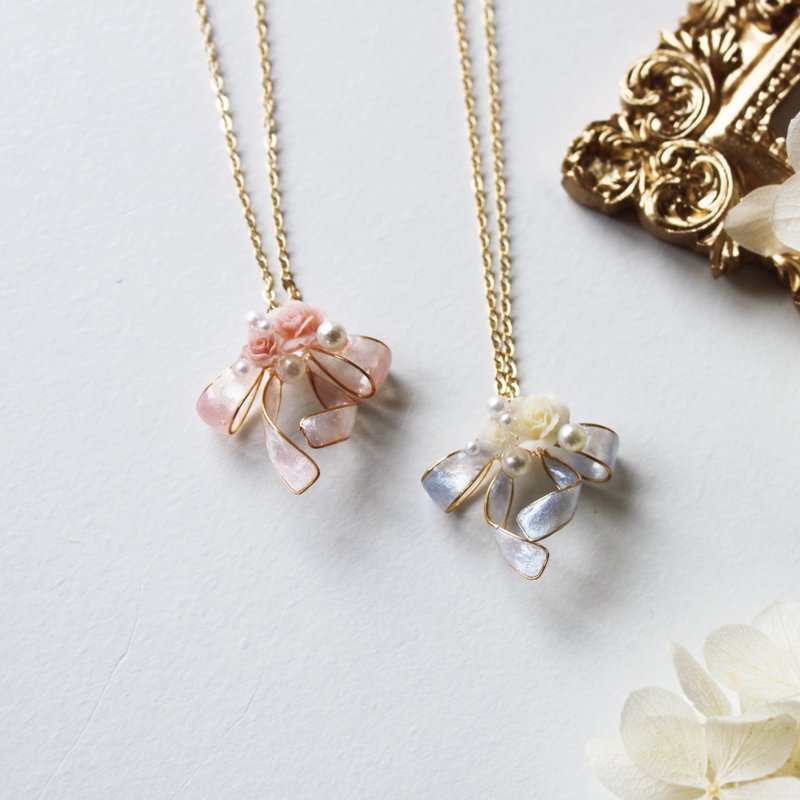 【小缎带项链】 蔷薇蝴蝶结 手工 项链 14KGF 项链 - 项链 - 树脂 多色