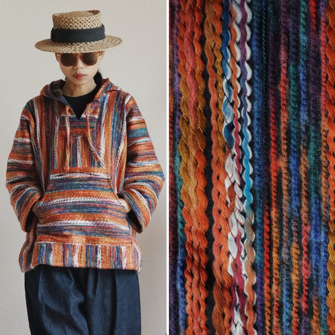 彩色粗條紋肌理編織人棉 中性Baja 寬松帶帽巴哈衛衣上衣 - 女装上衣 - 棉．麻 多色