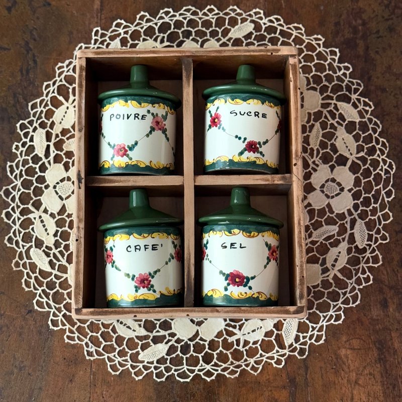 50476-迷人法国手绘陶瓷调味罐含木盒 - 摆饰 - 陶 