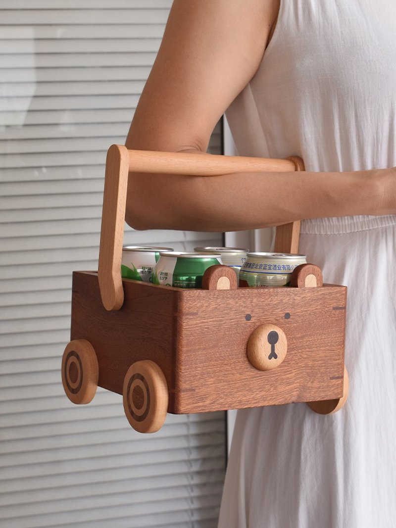 小熊收纳车 创意实木 手提提篮桌面遥控器化妆品 储物盒 - 收纳用品 - 木头 