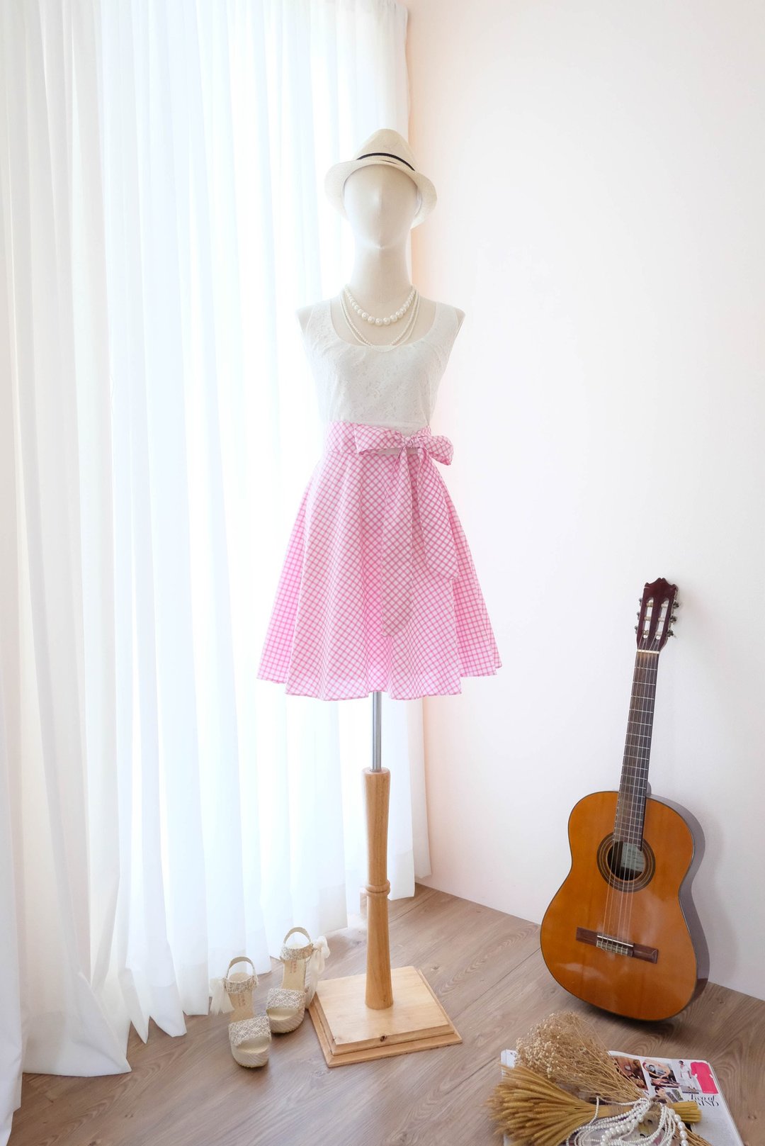 Cutie Pink check Sundress Spring Summer Tea Plaid Dress Vintage Inspired - 洋装/连衣裙 - 棉 粉红色