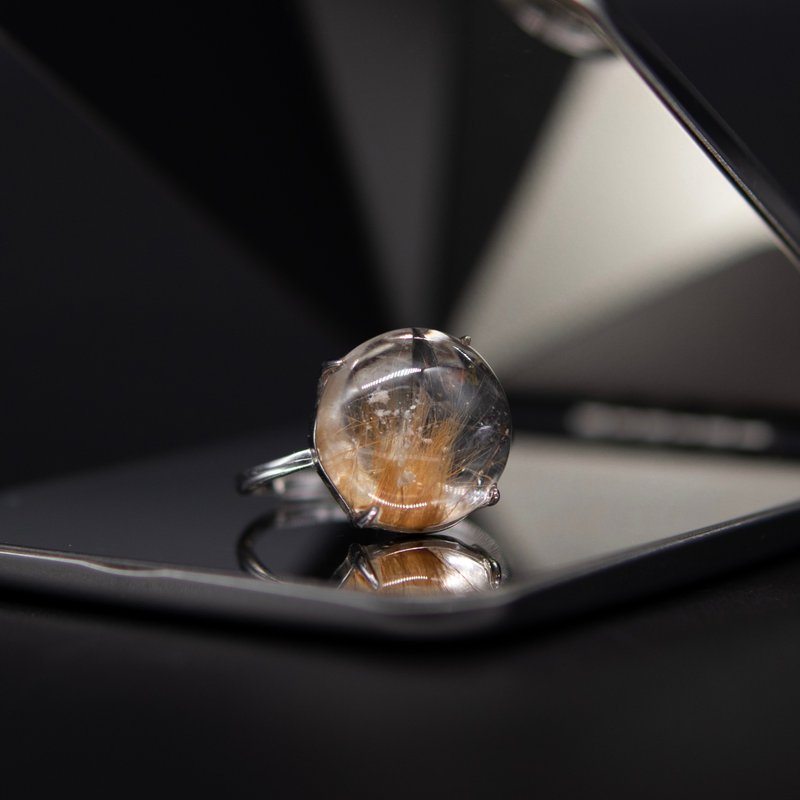 金发晶 云母片 锦鲤胶花 S925银戒指 可调节戒围 招财聚财 - 戒指 - 水晶 