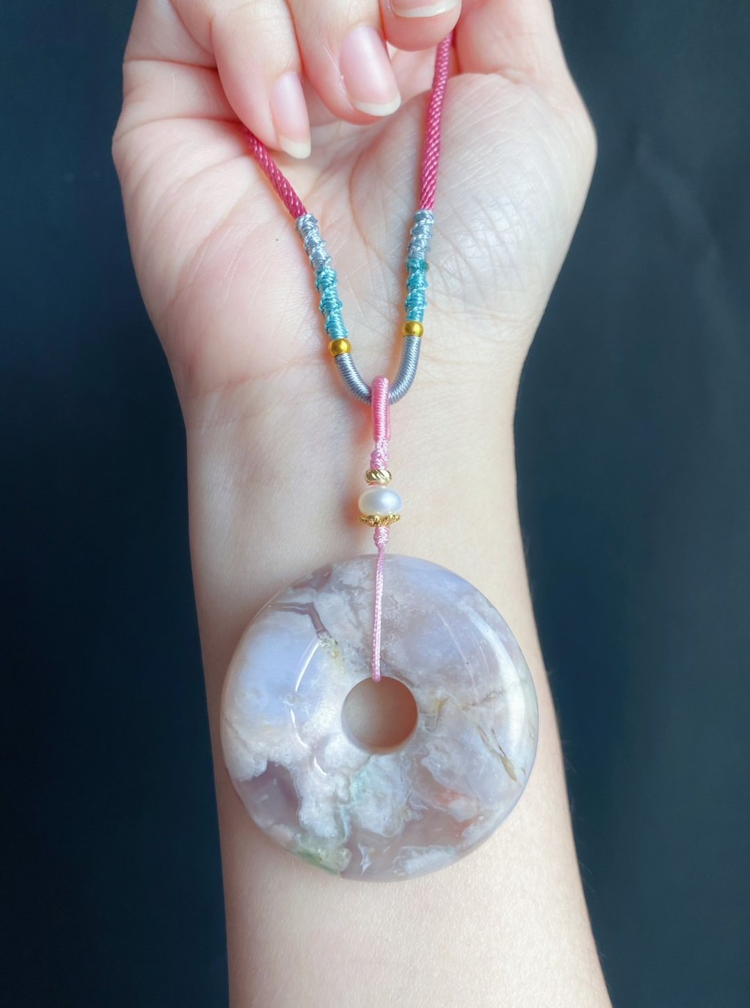 樱花玛瑙 春天 奶油平安扣 珍珠 项链 礼物 天然石 生日 - 项链 - 水晶 粉红色