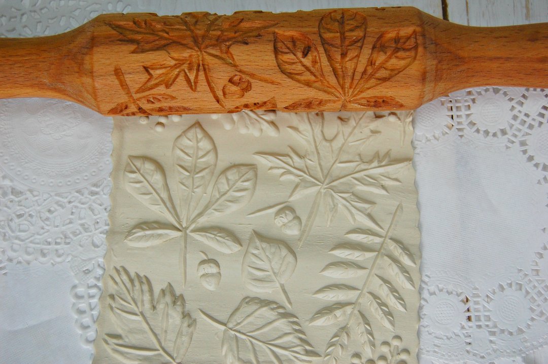 Pattern with Oak,Wooden carved rolling pin, Embossing roller for cookies, Engrav - 厨房家电 - 木头 咖啡色