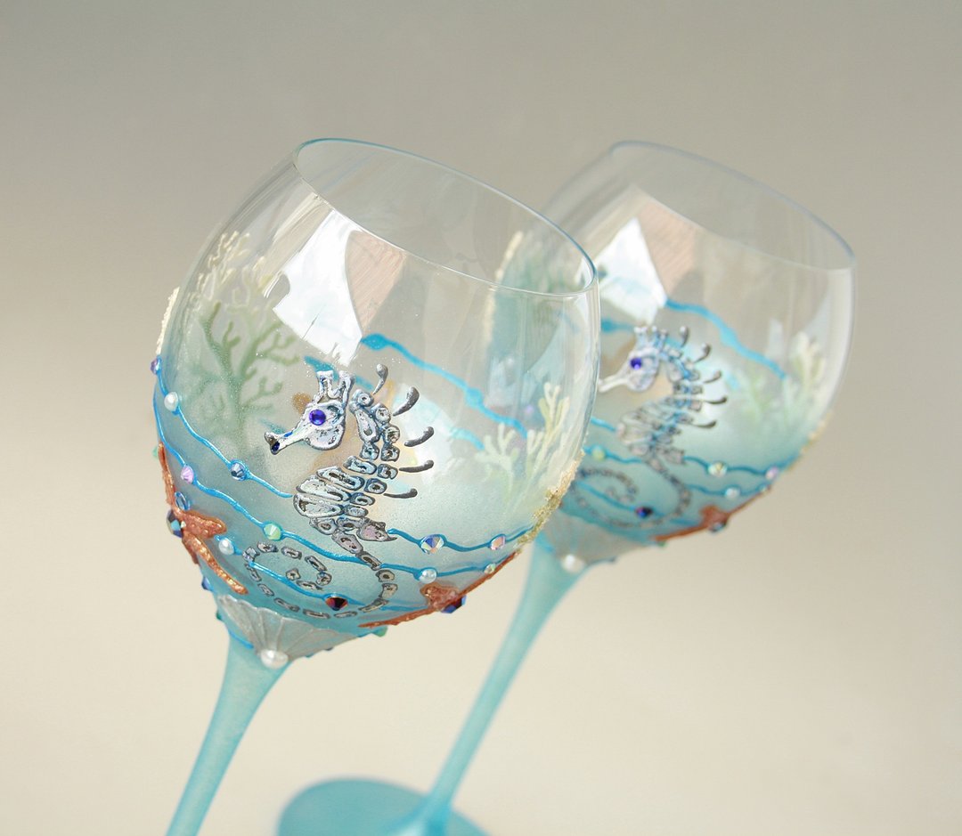 seahorse Starfish Coral Shell Blue Ocean Wine Glasses, Hand-painted Set of 2 - 酒杯/酒器 - 玻璃 蓝色