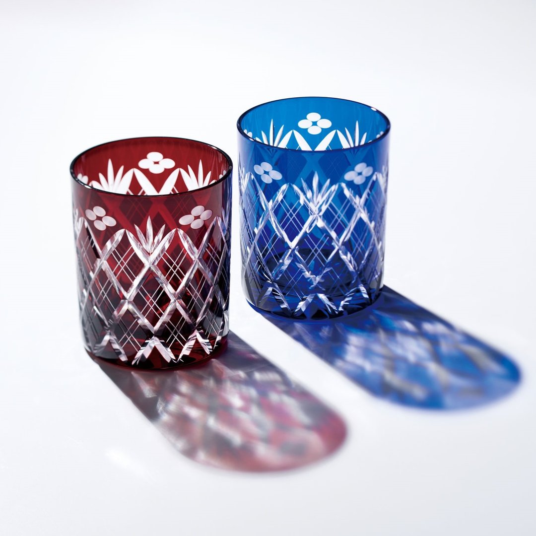 Edo Kiriko Small Flower Sword Yarai Crest On-The-Rocks Glass Lapis Lazuli Traditional Crafts - 玻璃杯 - 玻璃 蓝色